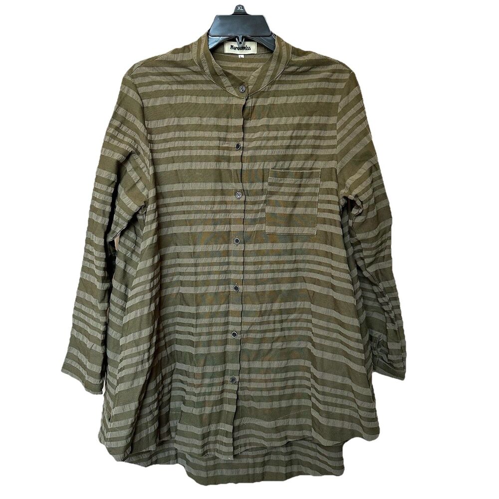 Mordenmiss Tunic Top Lg Green Striped Button Up Long Line Lagen